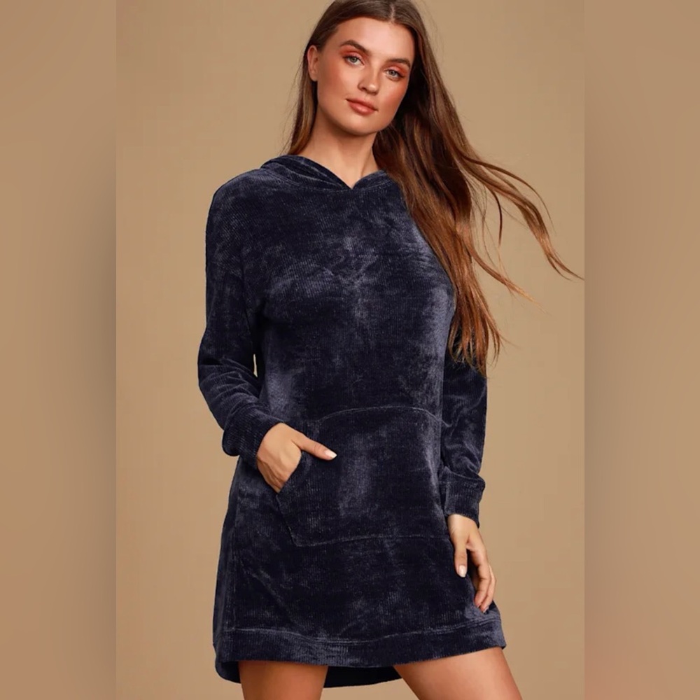Lulu's Micha Navy Blue Chenille Knit Hooded Sweater Dress